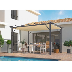 Pergola aluminium gris anthracite - 12 m² - Poteaux 10x10 cm - Toile polyester écru 140 gr/m² - HABRITA