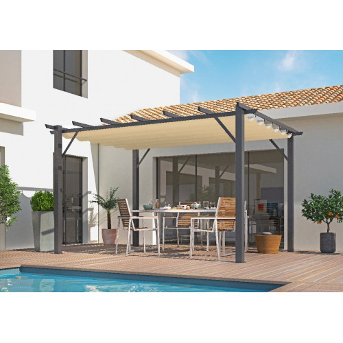 Pergola aluminium gris anthracite - 12 m² - Poteaux 10x10 cm - Toile polyester écru 140 gr/m² - HABRITA