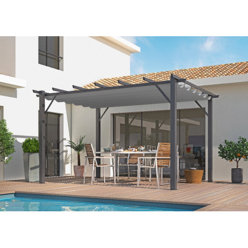 Pergola aluminium gris anthracite - 12 m² - Poteaux 10x10 cm - Toile polyester gris 140 gr/m² - HABRITA