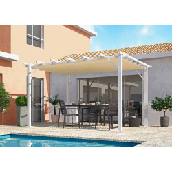 Pergola aluminium blanc perle - 12 m² - Poteaux 10x10 cm - Toile polyester écru 140 gr/m² - HABRITA