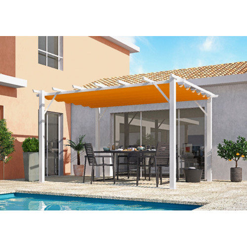 Pergola aluminium blanc perle - 12 m² - Poteaux 10x10 cm - Toile polyester rouille 140 gr/m² - HABRITA