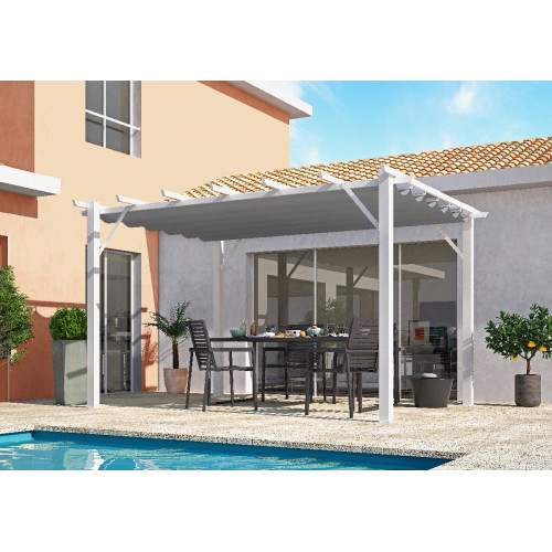 Pergola aluminium blanc perle - 12 m² - Poteaux 10x10 cm - Toile polyester gris 280 gr/m² - HABRITA