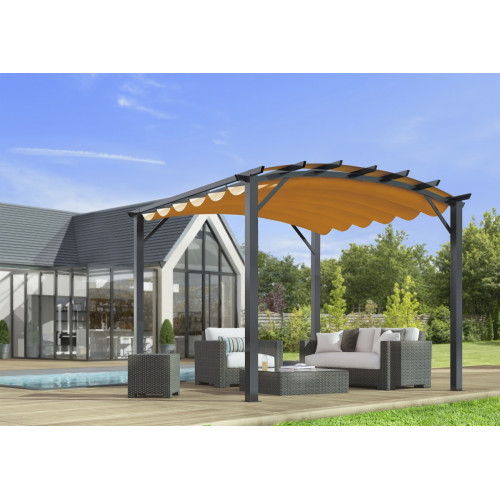 Pergola arche structure mixte aluminium/acier - coloris gris anthracite - toile couleur rouille - 140 gr/m² - HABRITA