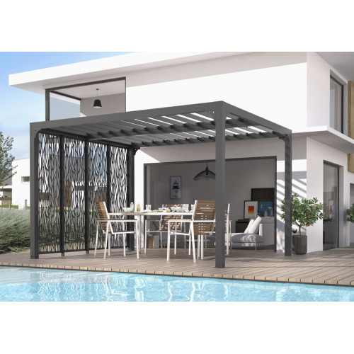 Pergola Bioclimatique Aluminium Gris Anthracite avec 4 Panneaux Moucharabieh – 10,80 m² – Lames Orientables Manuelles - HABRITA