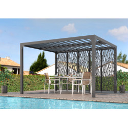 Pergola Bioclimatique Aluminium Gris Anthracite avec 5 Panneaux Moucharabieh – 10,80 m² – Lames Orientables Manuelles - HABRITA