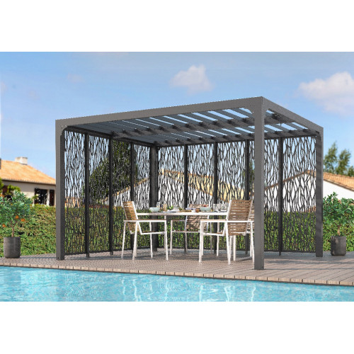 Pergola Bioclimatique Aluminium Gris Anthracite avec 9 Panneaux Moucharabieh – 10,80 m² – Lames Orientables Manuelles - HABRITA