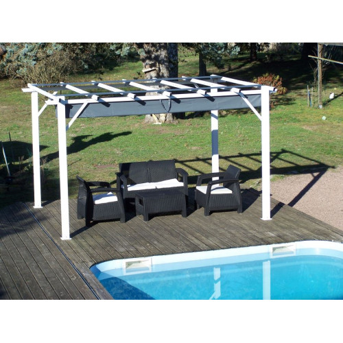 Pergola aluminium blanc perle - 12 m² - Poteaux 10x10 cm - Toile polyester gris 140 gr/m² - HABRITA