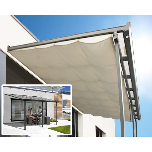 Toit terrasse aluminium gris anthracite - 12,83 m² - Panneaux polycarbonate anti-UV 6 mm - Toile polyester écru 130 gr/m² - Stru - HABRITA