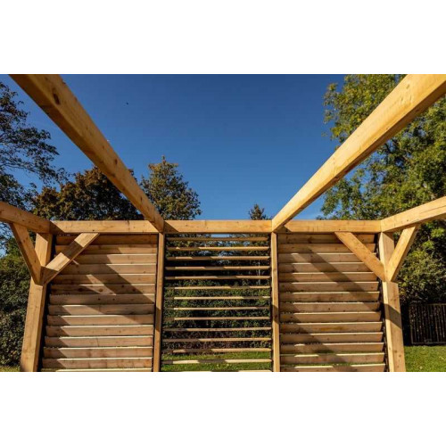 Pergola Veneto - 3,40 x 3,12 m - Sapin du Nord Contrecollé - Ventelles Mobiles sur 1 Paroi - HABRITA