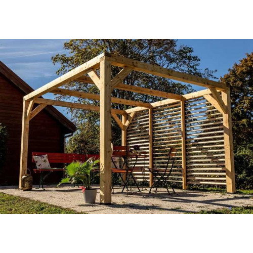 Pergola Veneto - 3,40 x 3,12 m - Sapin du Nord Contrecollé - Ventelles Mobiles sur 1 Paroi - HABRITA