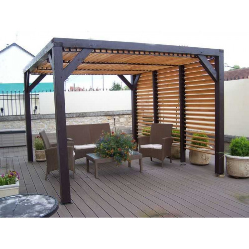 Pergola Veneto - 3,40 x 3,12 m - Sapin du Nord Contrecollé - Ventelles Mobiles sur le Toit et 1 Paroi - HABRITA