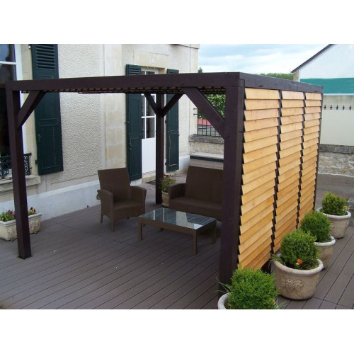 Pergola Veneto - 3,40 x 3,12 m - Sapin du Nord Contrecollé - Ventelles Mobiles sur le Toit et 1 Paroi - HABRITA