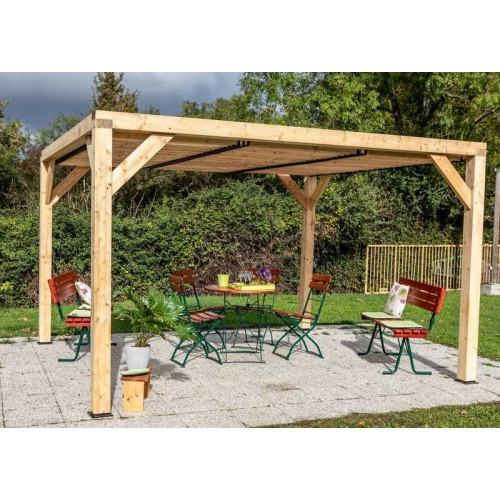 Pergola Veneto - 3,40 x 3,60 m - Sapin du Nord Contrecollé - Ventelles Mobiles sur le Toit - HABRITA