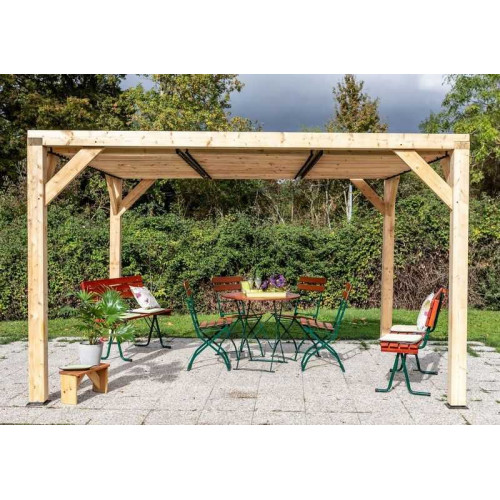 Pergola Veneto - 3,40 x 3,60 m - Sapin du Nord Contrecollé - Ventelles Mobiles sur le Toit - HABRITA