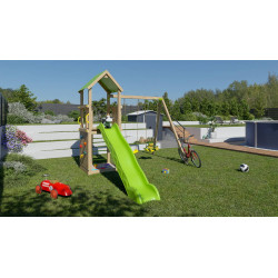 Aire de jeux SMART-XPERIENCE - Plate-forme et mur d'escalade + toboggan + 2 balançoires - Trigano