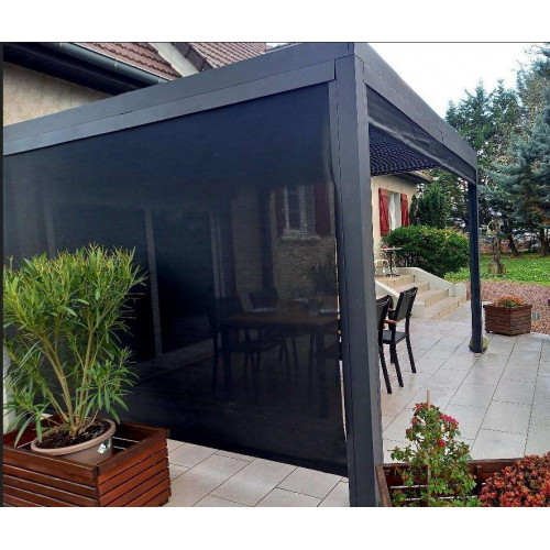 Pergola Bioclimatique Aluminium Gris Anthracite avec Rideau Latéral Manuel – 10,80 m² – Lames Orientables Manuelles - HABRITA