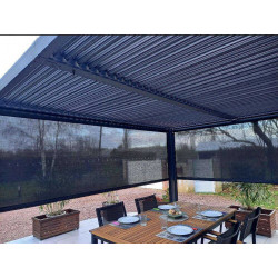 Pergola Bioclimatique Aluminium Gris Anthracite avec Rideau Latéral Manuel – 10,80 m² – Lames Orientables Manuelles - HABRITA