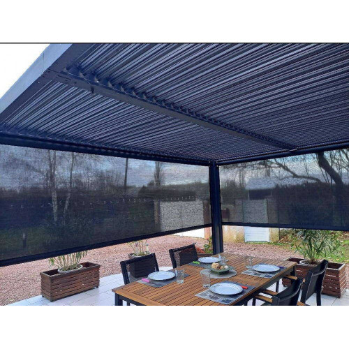 Pergola Bioclimatique Aluminium Gris Anthracite avec Rideau Latéral Manuel – 10,80 m² – Lames Orientables Manuelles - HABRITA