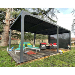 Pergola Bioclimatique Aluminium XXL avec Rideau Manuel – Gris Anthracite – 21,52 m² - HABRITA