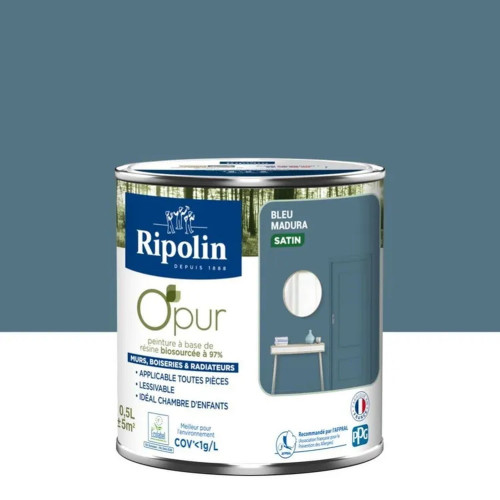 Peinture bleu madura pour mur, boiserie et radiateur O'pur satiné 0.5 l - RIPOLIN