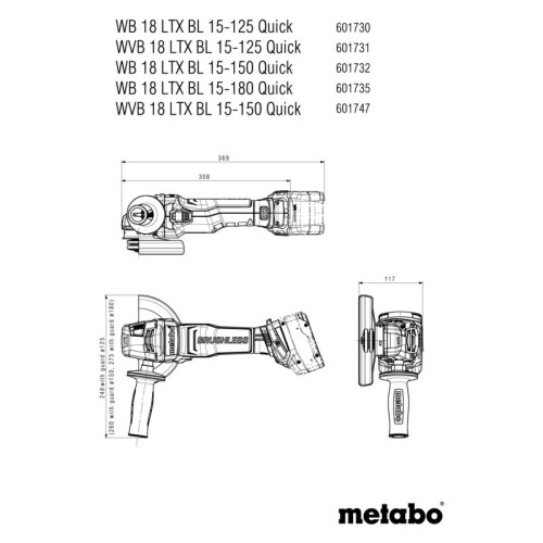 Meuleuse 125 mm 18 V WB 18 LTX BL 15-125 (sans batterie ni chargeur), coffret - Metabo