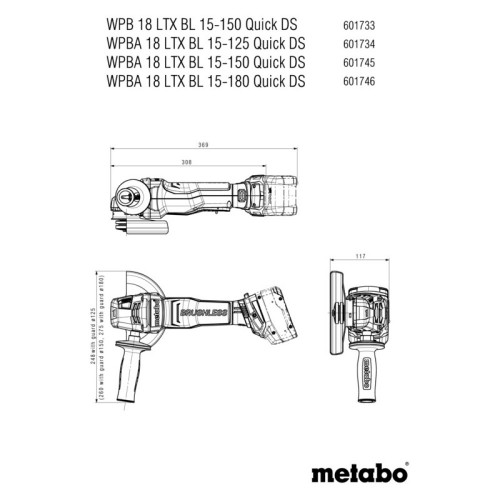 Meuleuse 125 mm 18 V WPBA 18 LTX BL 15-125 (sans batterie ni chargeur), coffret - Metabo