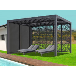 Pergola Bioclimatique Aluminium Gris Anthracite avec Panneaux Moucharabieh et Ventelles Latérales Mobiles – 10,80 m² – Lames Ori - HABRITA