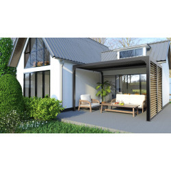 Pergola Bioclimatique Aluminium Gris Anthracite avec Ventelles Latérales Imitation Bois – 10,80 m² – Lames Orientables Manuelles - HABRITA