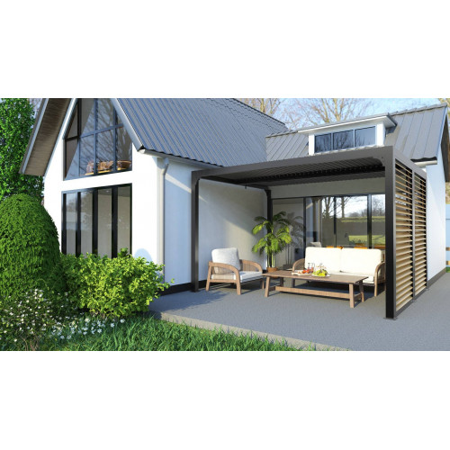 Pergola Bioclimatique Aluminium Gris Anthracite avec Ventelles Latérales Imitation Bois – 10,80 m² – Lames Orientables Manuelles - HABRITA