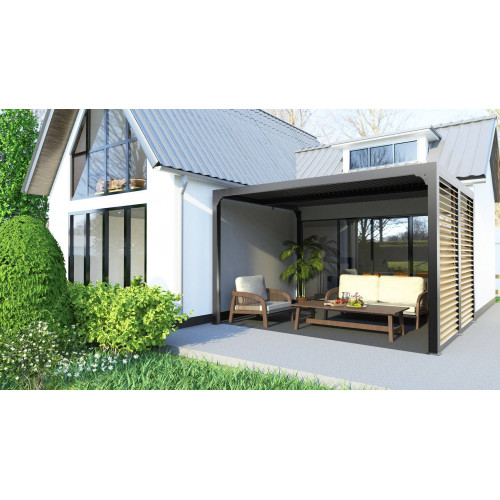 Pergola Bioclimatique Aluminium Gris Anthracite avec Ventelles Latérales Imitation Bois – 10,80 m² – Lames Orientables Manuelles - HABRITA