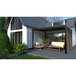 Pergola Bioclimatique Aluminium Gris Anthracite avec Ventelles Latérales Imitation Bois – 10,80 m² – Lames Orientables Manuelles - HABRITA