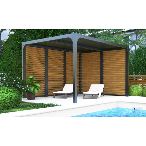 Pergola Bioclimatique Aluminium Gris Anthracite avec Panneaux Moucharabieh et Ventelles Latérales Mobiles Imitation Bois – 10,80 - HABRITA