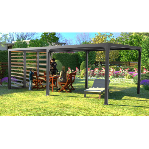 Pergola bioclimatique aluminium XXL – 21,52 m² avec ventelles latérales imitation bois – gris anthracite - HABRITA