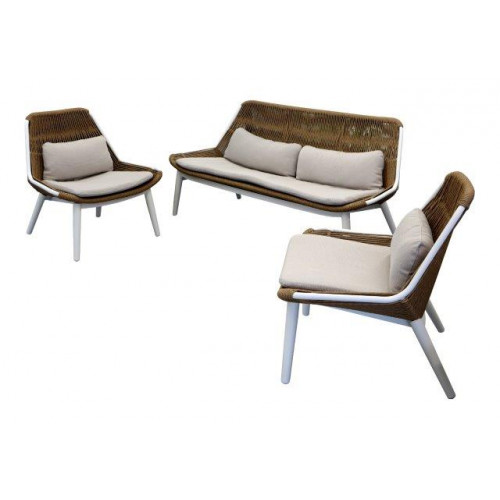 Set Como ensemble 3 pièces en aluminium/rope/wicker avec coussin - blanc/twist naturel - PROLOISIRS