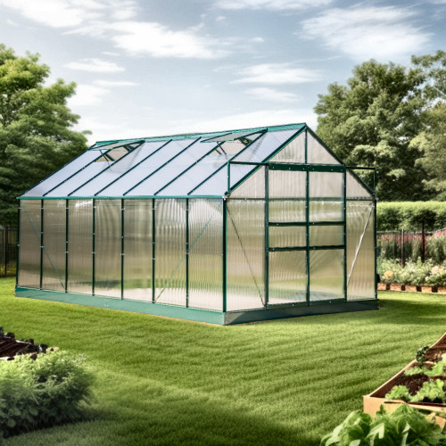 Serre de jardin en aluminium – 10,37 m² – Polycarbonate 6 mm, base acier, 4 fenêtres de toit - HABRITA