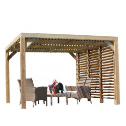 Pergola Thermauvent - Bois thermochauffé - Ventelles mobiles sur le toit et 1 paroi - Visserie inox - 3,41 x 3,13 m - HABRITA