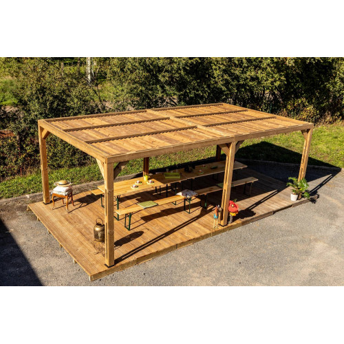 Pergola Thermauvent - Bois thermochauffé - Ventelles mobiles sur le toit - 3,41 x 6,14 m - HABRITA