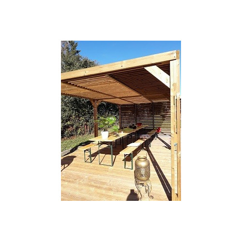 Pergola Thermauvent - Bois thermochauffé - Ventelles mobiles sur le toit et 1 paroi - 3,41 x 6,14 m - HABRITA