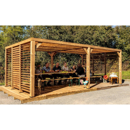 Pergola Thermauvent - Bois thermochauffé - Ventelles mobiles sur le toit et 2 parois - 3,41 x 6,14 m - HABRITA