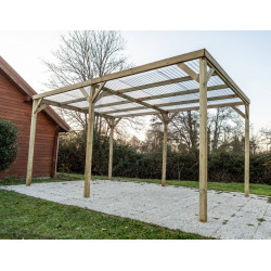 Carport Autoclavé 15,01 m² – Pin Sylvestre – Structure en Bois – Toit en Tôle PVC Transparente - HABRITA