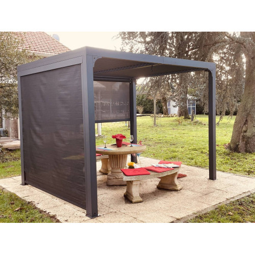 Pergola bioclimatique + 2 rideaux manuels côté 3 m et côté 2,40 m - 7,20 m2 - Alu - HABRITA