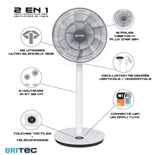 Ventilateur sur pied et table AIR STAND9 WiFi - 27W - 26 vitesses - Blanc - Britec