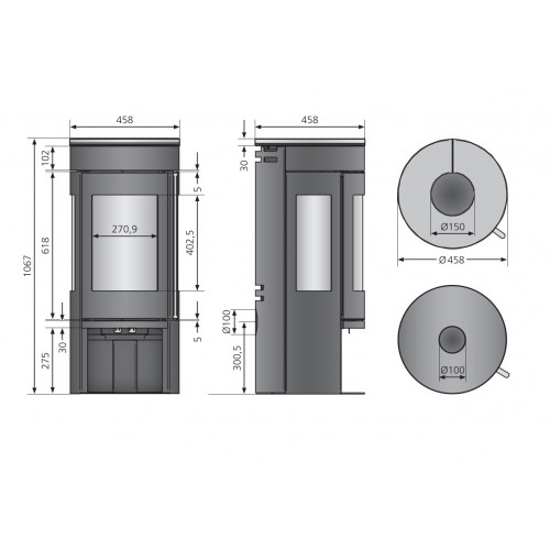 Poêle à bois Mino Trios 2.0 - acier noir - dessus céramique grappa 5 kW - Justus