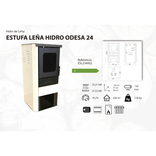 Poêle à bois - modèle HIDRO ODESA 24 - 35,21 kW - jusqu'à 620 m³ - Classe énergétique A - Eider Biomasa