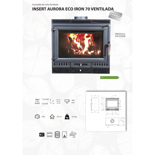 Poêle à bois - modèle AURORA 70 VENT - 10,4 kW - jusqu'à 225 m³ - H.65 x l.43 x P.70 cm - Classe énergétique A - Eider Biomasa