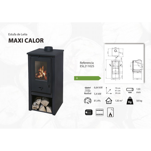 Poêle à bois - modèle Maxi Calor - 6,64 kW - jusqu'à 120 m³ - H.79 x l.41 x P.39 cm - Classe énergétique A - Eider Biomasa