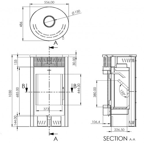 Poêle à bois - modèle Ronde - 6,3 kW - jusqu'à 140 m³ - H.102 x l.49 x P.56 cm - Classe énergétique A - Eider Biomasa