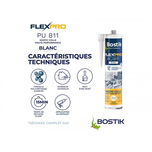 Colle joint int/ext polyuretane bostik flexpro pu811 blanc cart 300ml - Bostik