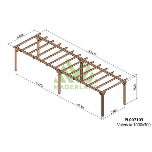 Pergola en bois autoportante - modèle VALENCIA - 1000 x 300 cm - Maderland