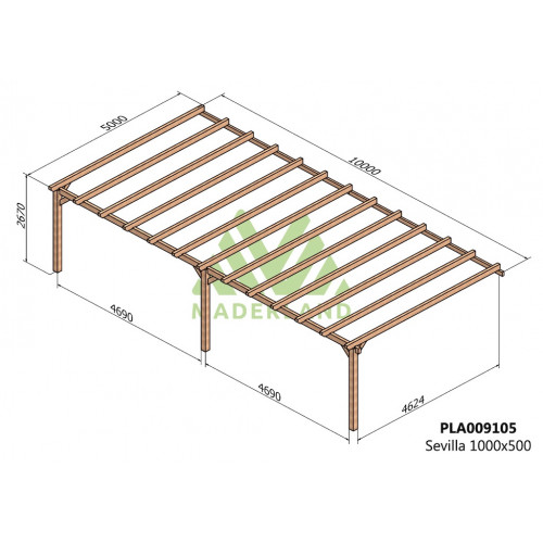 Pergola en bois adossée - modèle SEVILLA - 1000 x 500 cm - Maderland